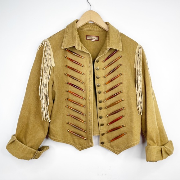 Double D Ranch Horn Bone Pig Skin Fringe Jacket Denim Western Wear Cotton Tan - Picture 1 of 9